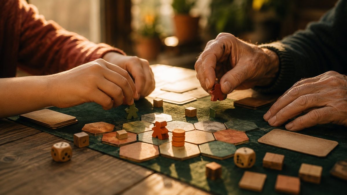 Mãos de duas gerações jogando um jogo de tabuleiro juntas