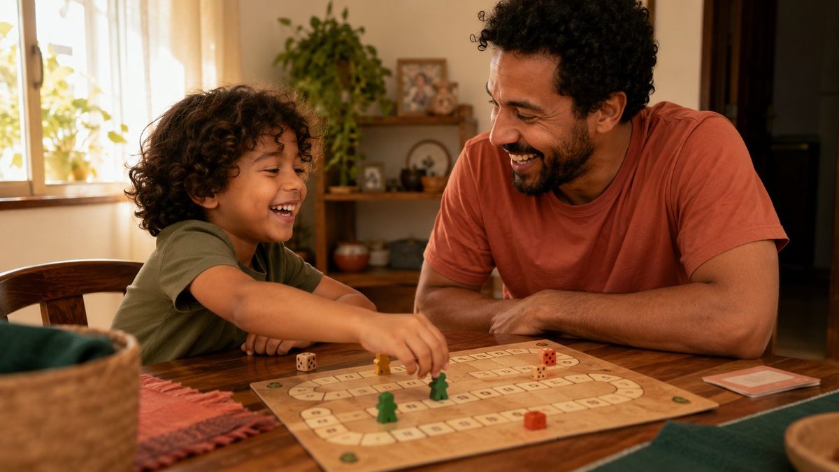 Pai e criança rindo enquanto jogam um jogo de tabuleiro de trilha numérica em casa