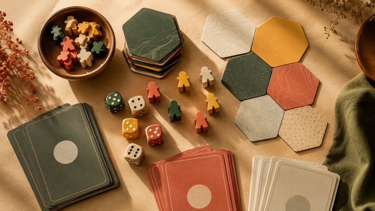 Componentes de jogo de tabuleiro organizados sobre fundo de papel: meeples, dados, cartas e tiles hexagonais