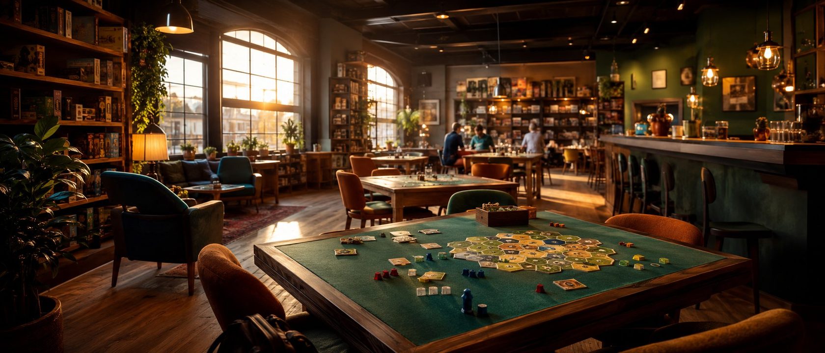 Salão do Beruiks ao entardecer, com mesas de jogo, poltronas, estantes cheias de jogos e o balcão do bar ao fundo