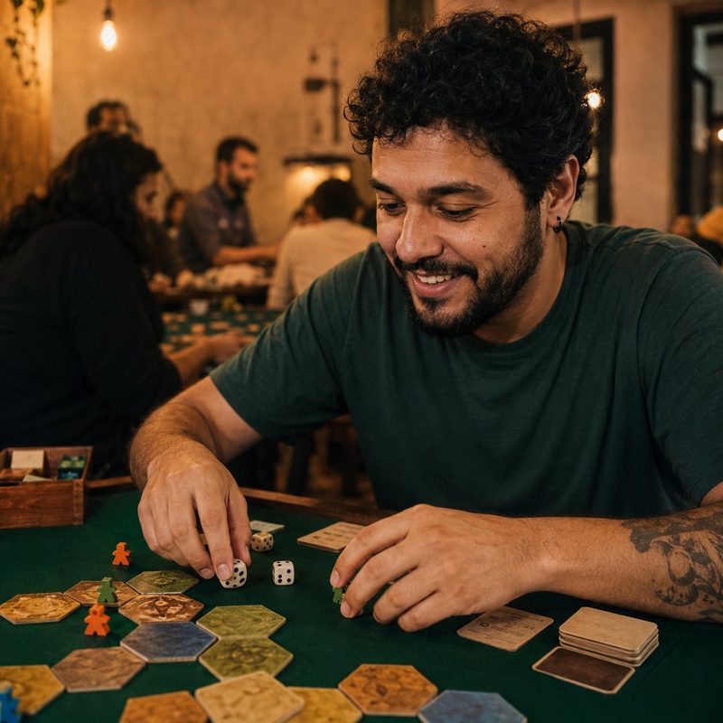 Bruno Tavares, responsável por eventos e torneios do Beruiks, numa mesa de jogo com dados e tiles