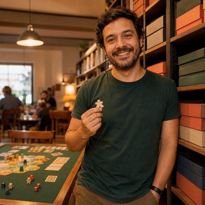 Rafael Andrade, fundador do Beruiks, segurando um meeple de madeira ao lado das estantes de jogos