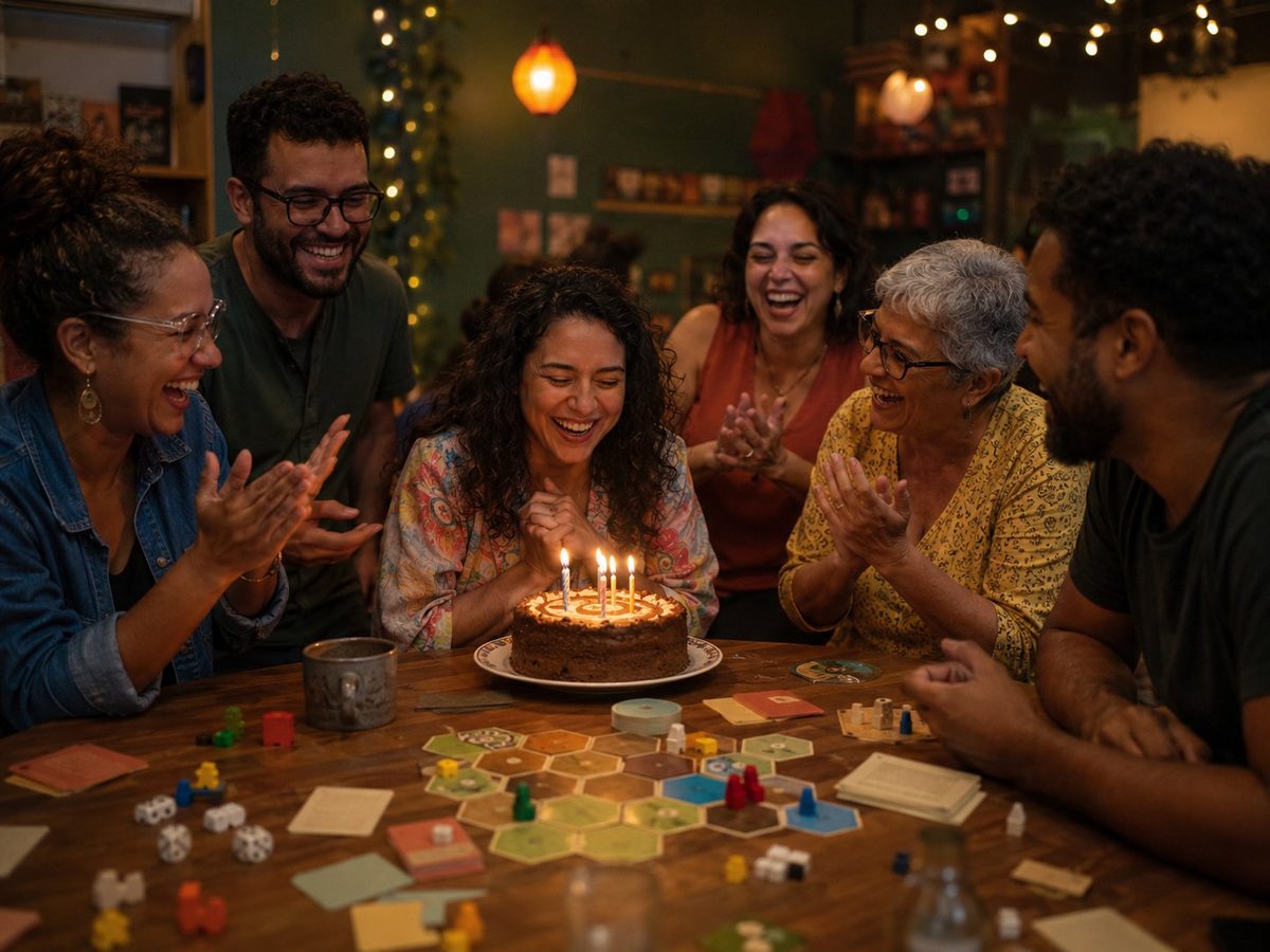 Grupo comemorando aniversário no Beruiks, com bolo e componentes de jogo sobre a mesa